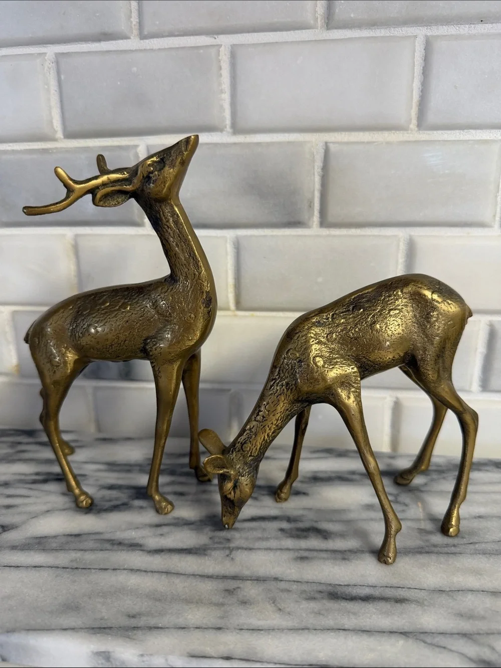2 pc Brass Finish Deer Figurine Set - Gold Accent Home Decor